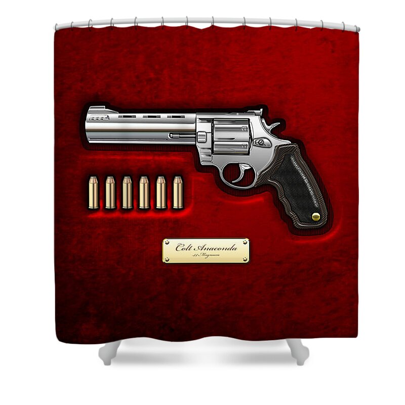 The Armory By Serge Averbukh Shower Curtain featuring the photograph .44 Magnum Colt Anaconda on Red Velvet #44 by Serge Averbukh