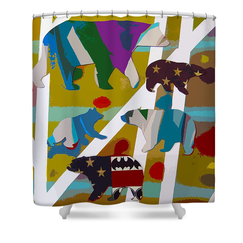 Bears Shower Curtain featuring the painting 5 bears heading to Graceland by Robert Margetts