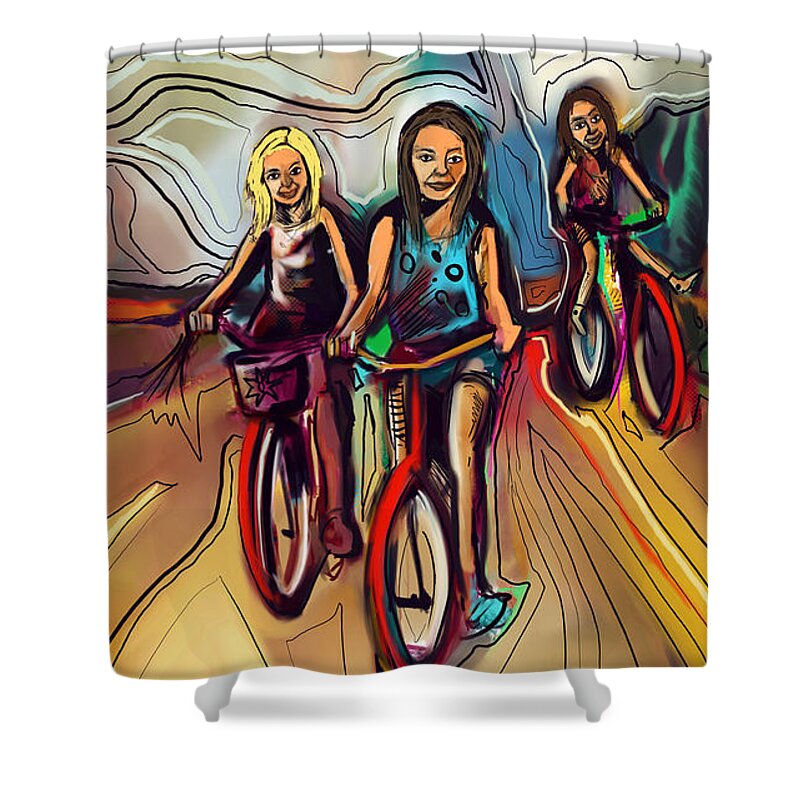  Shower Curtain featuring the painting 5 Bike Girls by John Gholson