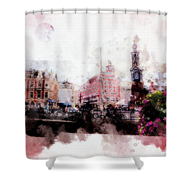Dutch Shower Curtain featuring the digital art City Life In Watercolor Style #3 by Ariadna De Raadt