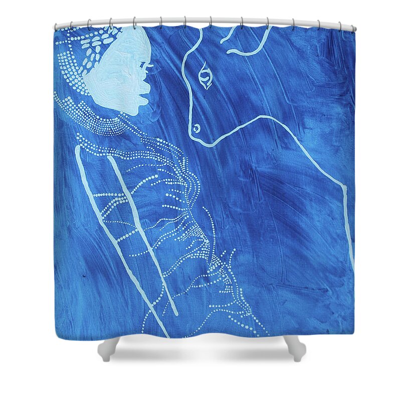 Jesus Shower Curtain featuring the painting Dinka in Blue - South Sudan #5 by Gloria Ssali