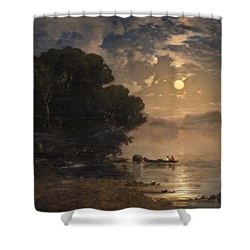 Alexandre Calame Shower Curtain featuring the painting Evening Landscape with a Lake by Alexandre Calame