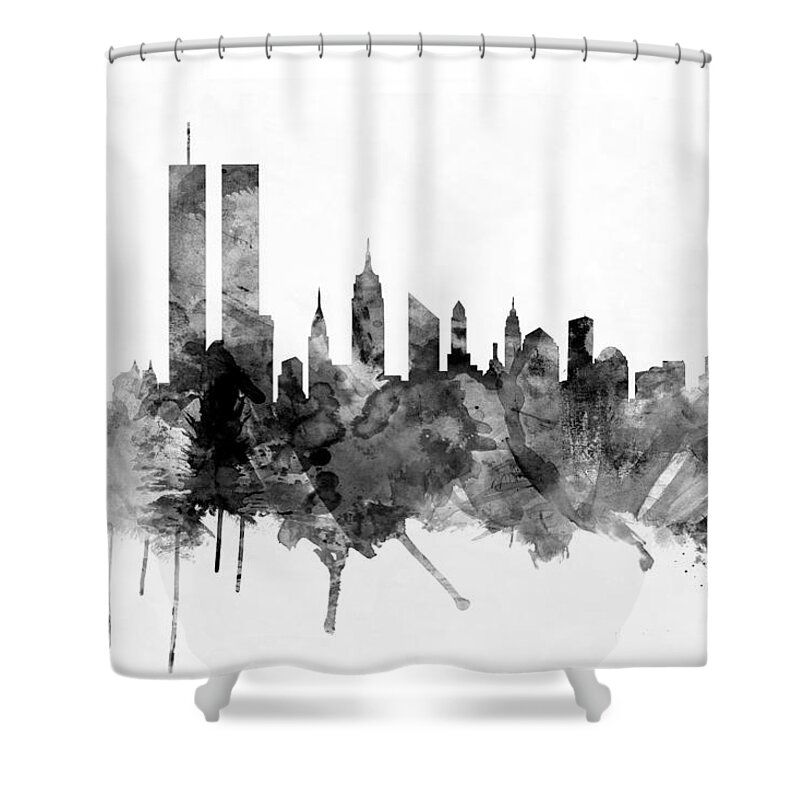 New York Black and White Night Skyline City Urban Fabric Shower Curtain Hooks 