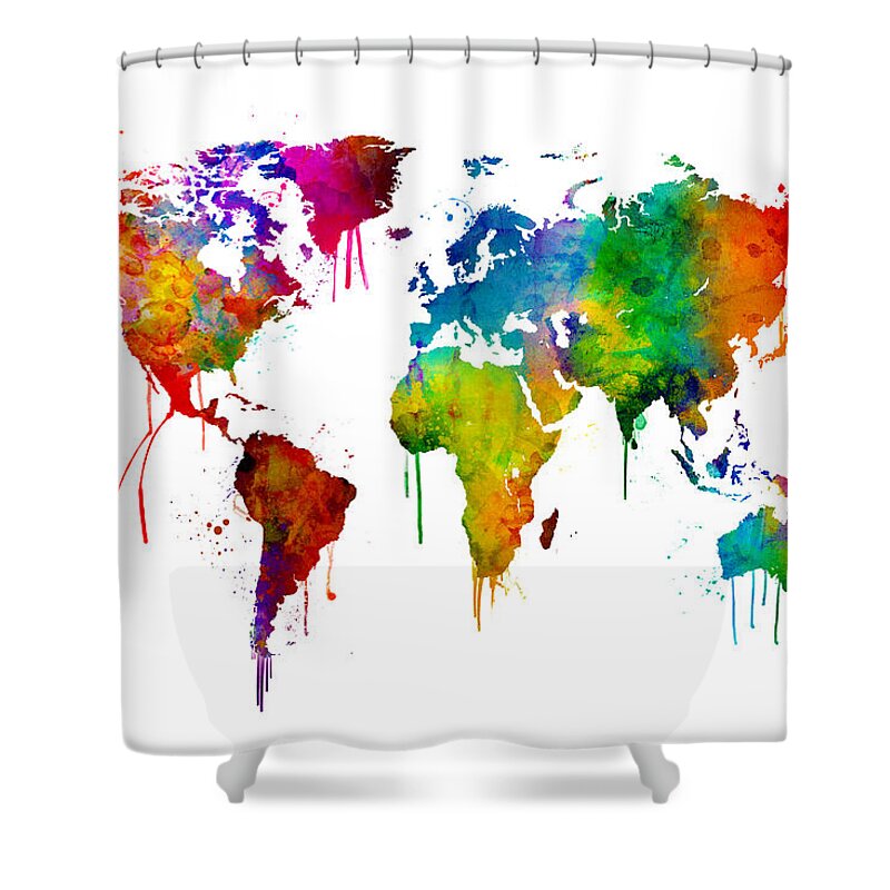 A Bright And Colorful Watercolor World Map. Shower Curtain featuring the digital art Watercolor Map of the World Map #5 by Michael Tompsett