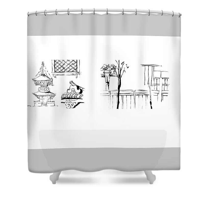 Japanese Roof Shower Curtain featuring the drawing 5.3.Japan-1-details-roof-and-fence by Charlie Szoradi