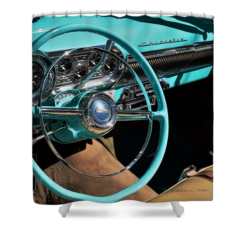 Chevy Shower Curtain featuring the photograph 54 Chevy Steering Wheel by Kae Cheatham