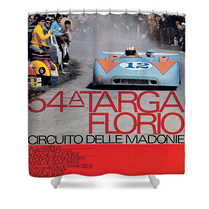 54th Shower Curtain featuring the digital art 54th Targa Florio Porsche Race Poster by Georgia Fowler