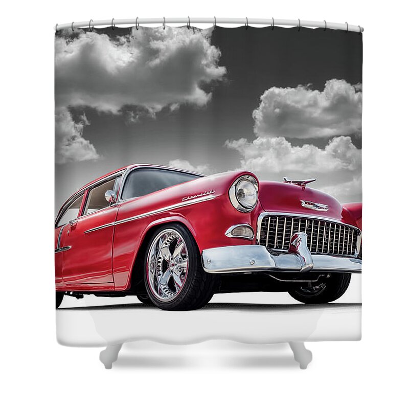 55 Chevy Shower Curtain featuring the digital art 55 Red by Douglas Pittman