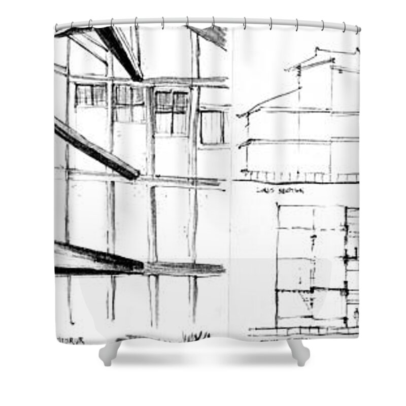 Sustainability Shower Curtain featuring the drawing 5.6.Japan-2-left-side by Charlie Szoradi