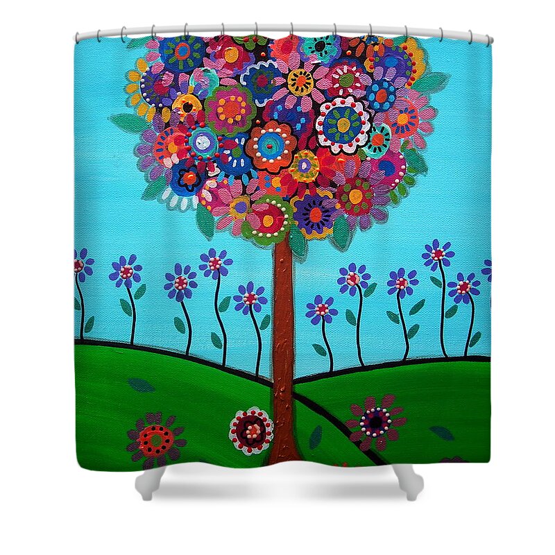 Mexican Town Shower Curtain featuring the painting Tree Of Life #59 by Pristine Cartera Turkus