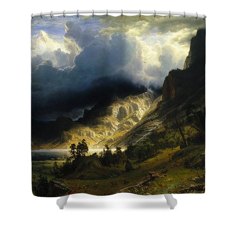 A Storm In The Rocky Mountains Shower Curtain featuring the painting A Storm in the Rocky Mountains by Albert Bierstadt