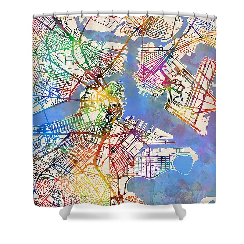 Street Map Shower Curtain featuring the digital art Boston Massachusetts Street Map #6 by Michael Tompsett