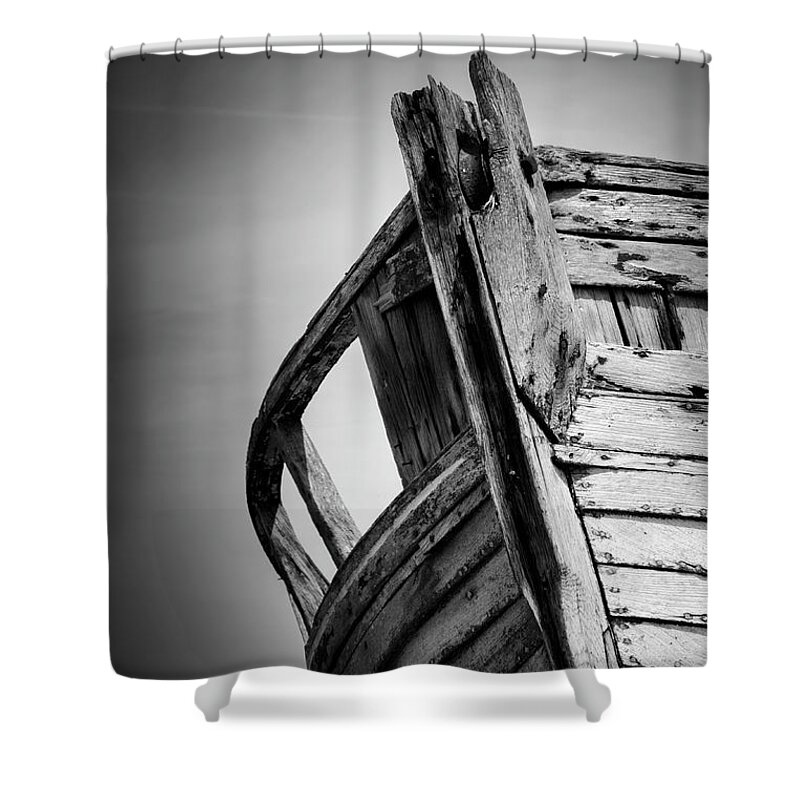 Dungeness Shower Curtain featuring the photograph Old Abandoned Boat Portrait BW by Rick Deacon