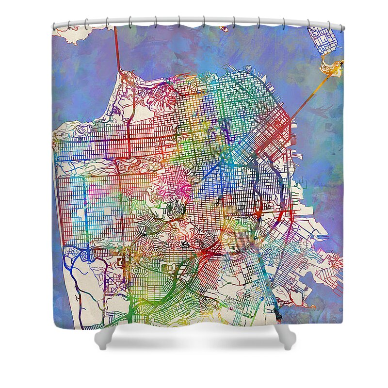 San Francisco Shower Curtain featuring the digital art San Francisco City Street Map by Michael Tompsett