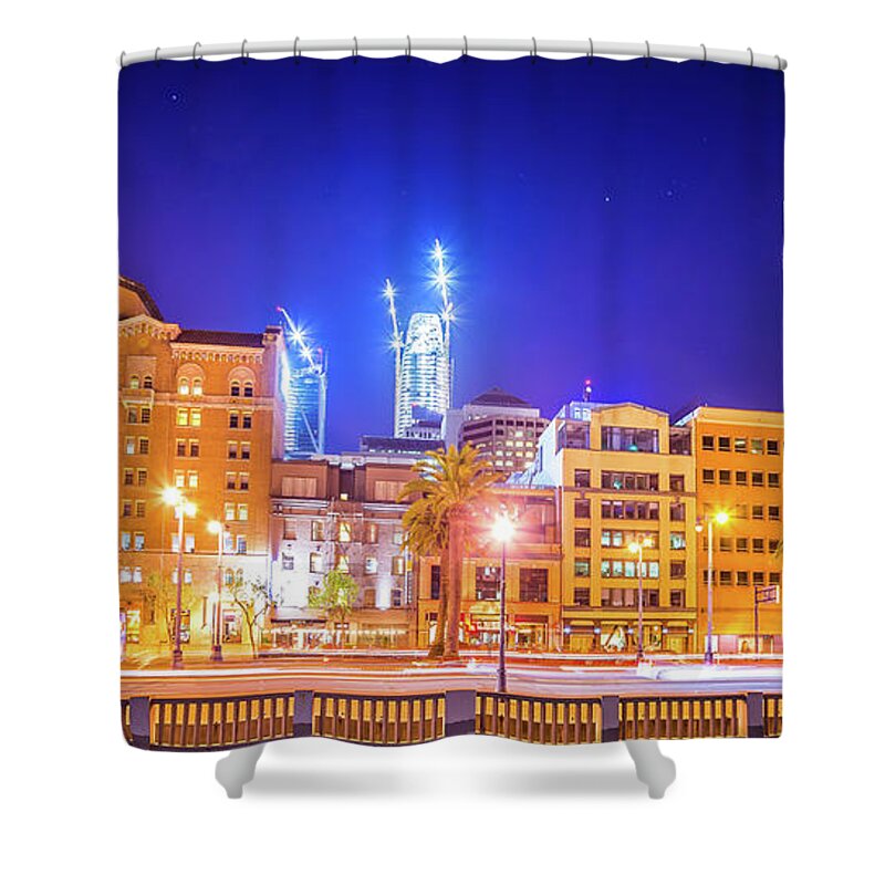 Night Shower Curtain featuring the photograph San Francisco Downtown City Skyline At Night #6 by Alex Grichenko