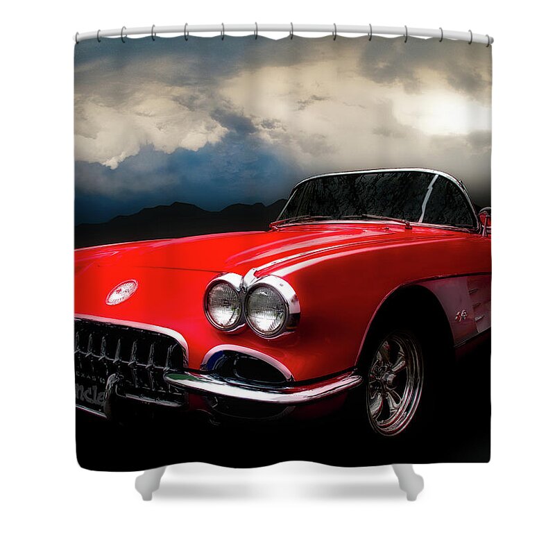 58 Shower Curtain featuring the photograph 60 Corvette Roadster in Red by Chas Sinklier
