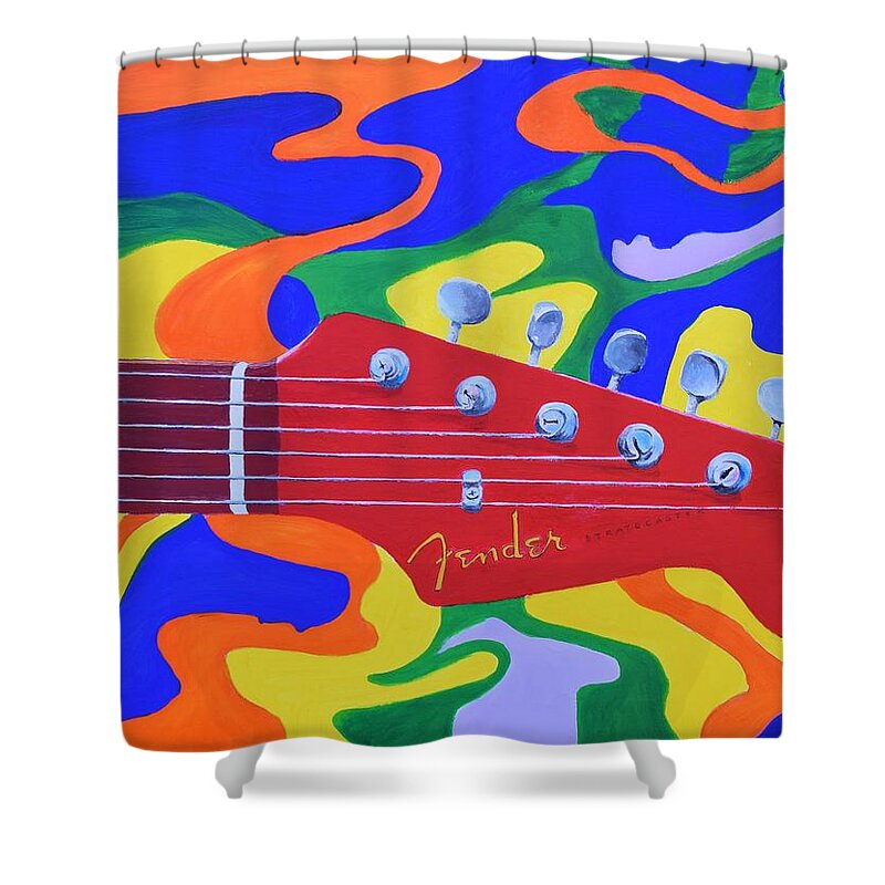 Fender Shower Curtain featuring the painting 60's Fender by Celene Terry