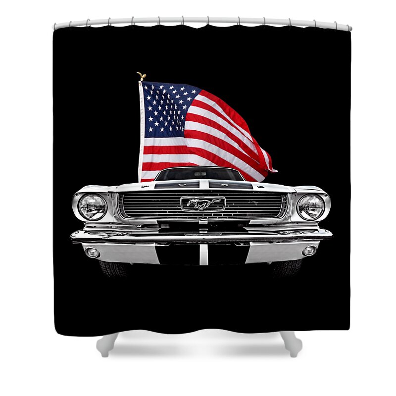 Ford Mustang Shower Curtain featuring the photograph 66 Mustang With U.S. Flag On Black by Gill Billington