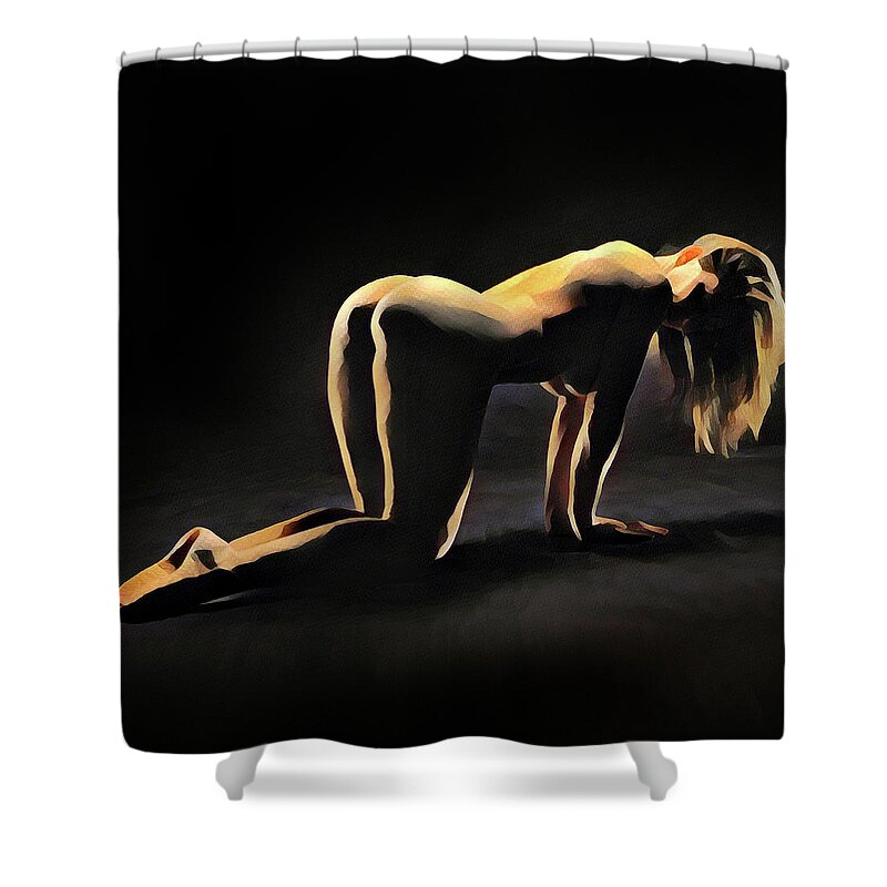 Watercolor Shower Curtain featuring the digital art 6835s-AMG Watercolor of Nude Woman on hands and knees, hair hanging down. by Chris Maher