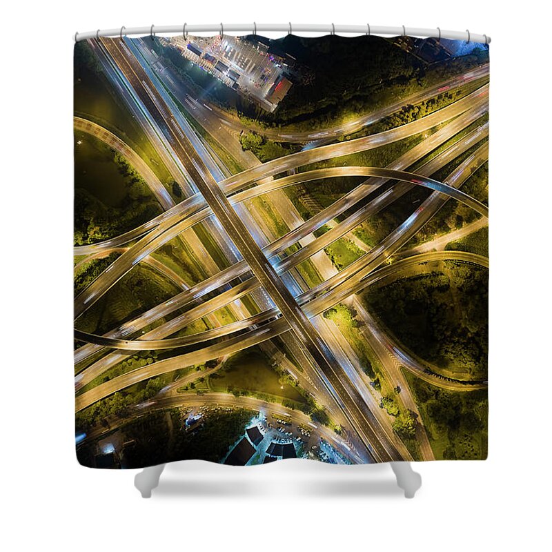 Night Shower Curtain featuring the photograph Aerial view of traffic jams at Nonthaburi intersection in the evening, Bangkok. #7 by Pradeep Raja PRINTS