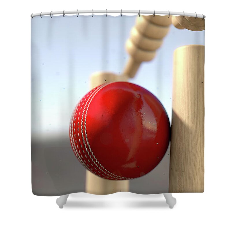 Action Shower Curtain featuring the digital art Cricket Ball Hitting Wickets #7 by Allan Swart