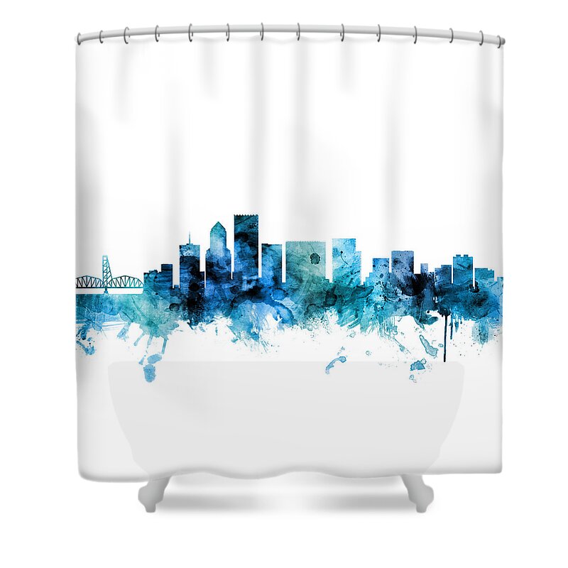 Portland Shower Curtain featuring the digital art Portland Oregon Skyline #7 by Michael Tompsett