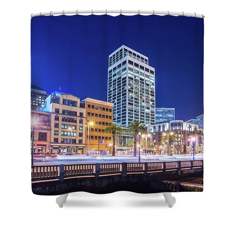 Night Shower Curtain featuring the photograph San Francisco Downtown City Skyline At Night #7 by Alex Grichenko
