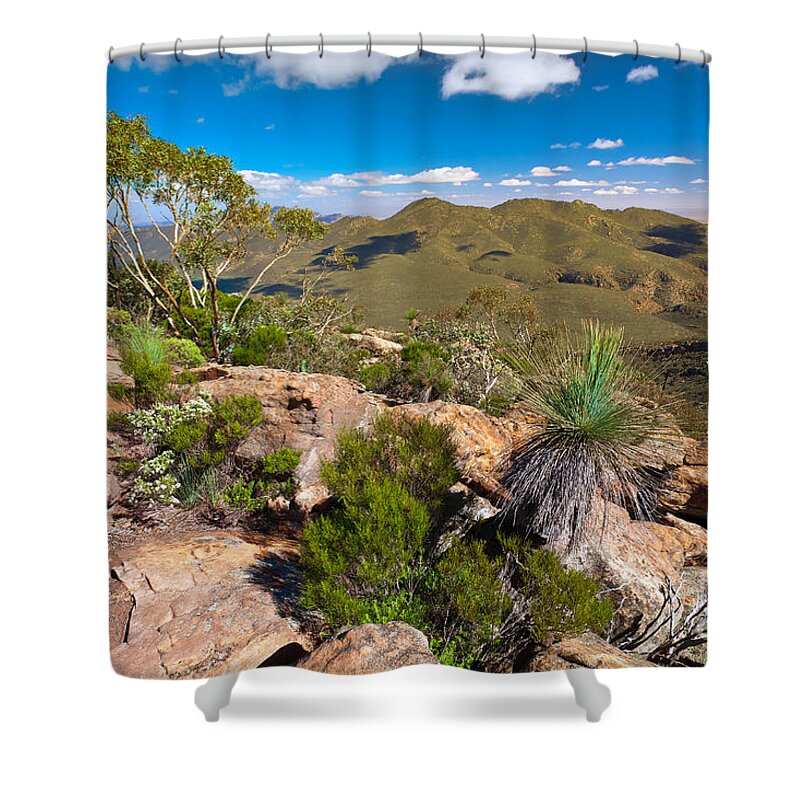 Wilpena Pound Flinders Ranges Outback Landscape Landscapes South Australia Australian Gum Trees Mountains Rock Outcrop Shower Curtain featuring the photograph Wilpena Pound #7 by Bill Robinson