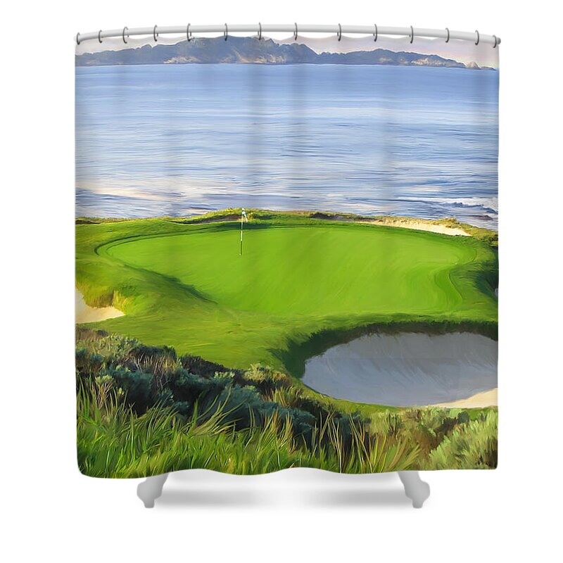 Th Hole Shower Curtain featuring the painting 7th Hole At Pebble Beach Ver by Tim Gilliland