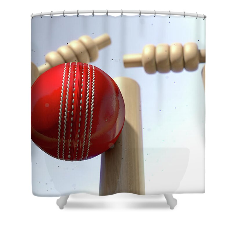 Action Shower Curtain featuring the digital art Cricket Ball Hitting Wickets #8 by Allan Swart