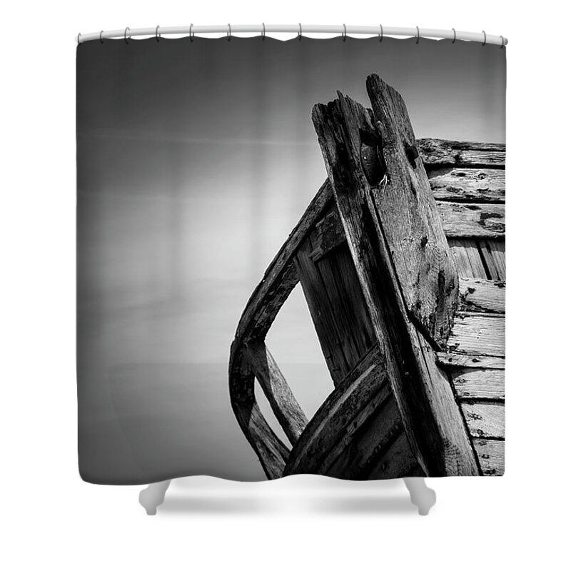 Dungeness Shower Curtain featuring the photograph Old Abandoned Boat Landscape BW by Rick Deacon