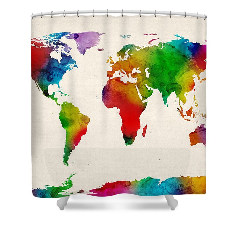 World Map Shower Curtain featuring the digital art Watercolor Map of the World Map by Michael Tompsett