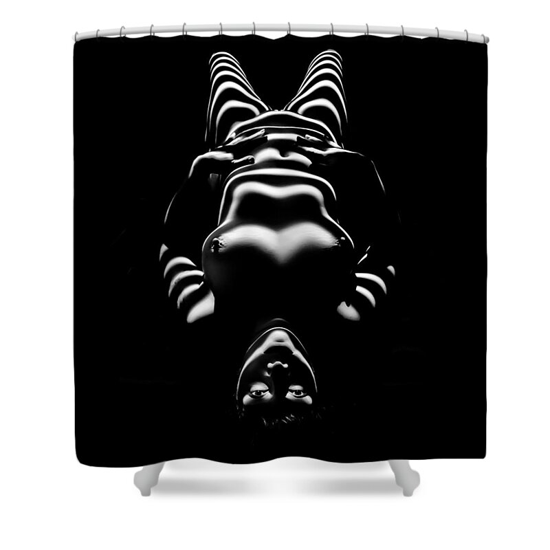 8650-slg Shower Curtain featuring the photograph 8650-SLG Zebra Woman Eyes Open Striped by Light Fine Art Nude by Chris Maher by Chris Maher