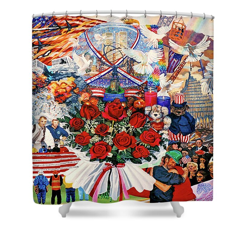 World Trade Center Shower Curtain featuring the painting 9/11 Memorial Towel Version by Bonnie Siracusa