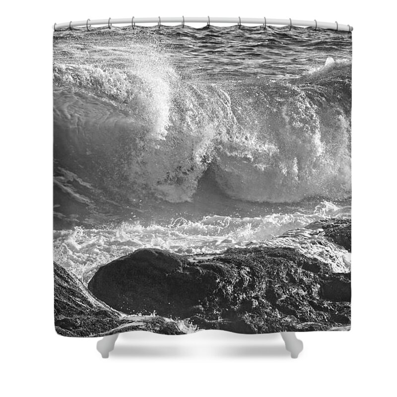Maine Shower Curtain featuring the photograph Black and White Large Waves Near Pemaquid Point On The Coast Of #9 by Keith Webber Jr