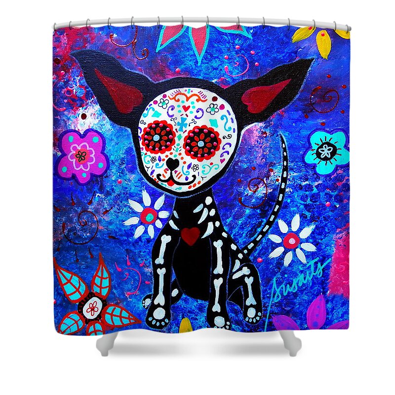El Perro Shower Curtain featuring the painting Chihuahua Dia De Los Muertos #9 by Pristine Cartera Turkus
