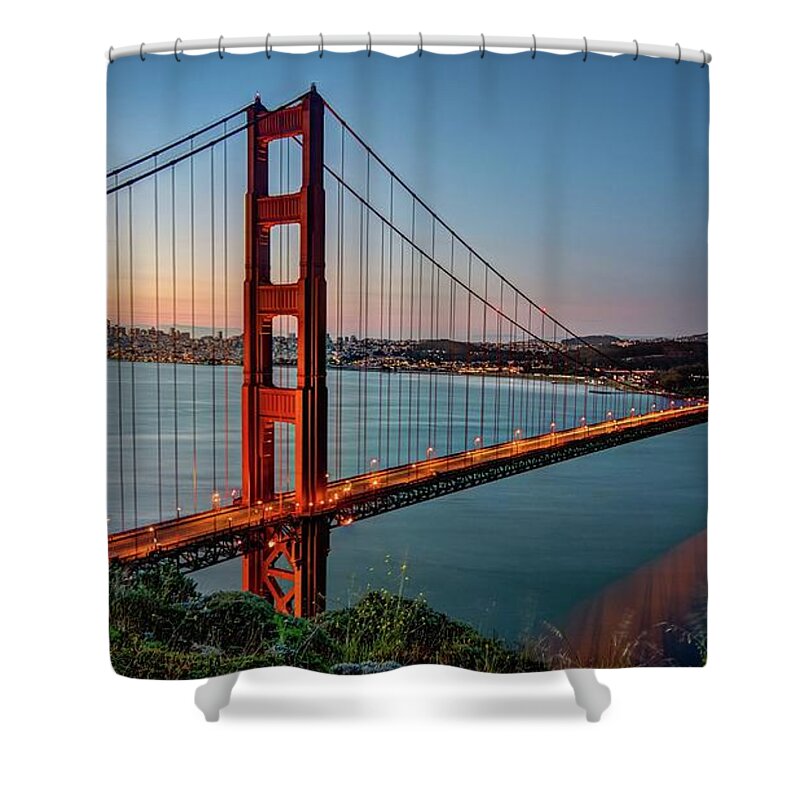 Golden Gate Shower Curtain featuring the digital art Golden Gate #9 by Super Lovely