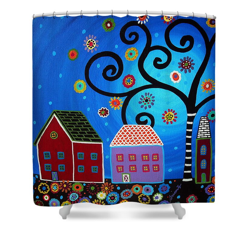 Mexican Town Paintings Shower Curtain featuring the painting Mexican Town #9 by Pristine Cartera Turkus
