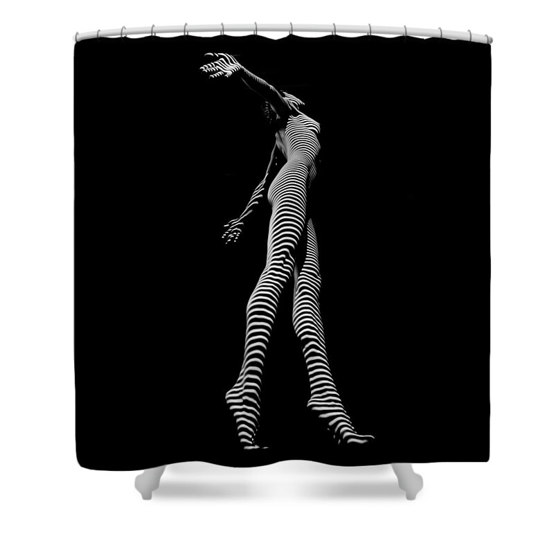 Zebra Shower Curtain featuring the photograph 9825-DJA Black and White Zebra Striped Woman Unique Perspective Fine Art Photograph by Chris Maher by Chris Maher