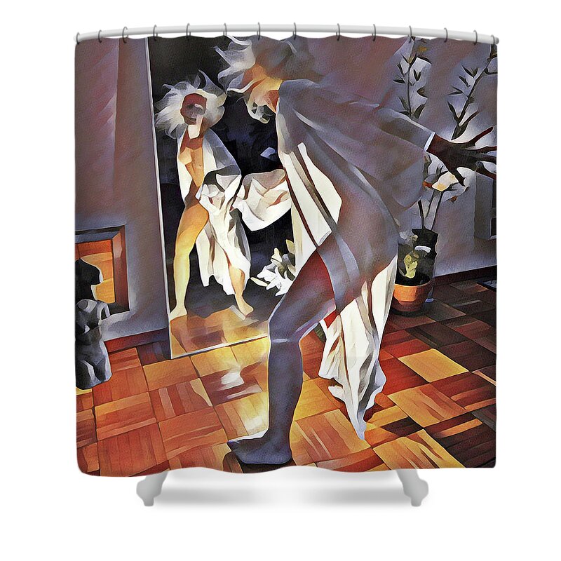 Square Shower Curtain featuring the digital art 9926s-DM Watercolor Woman in White Confronts Herself in Mirror by Chris Maher