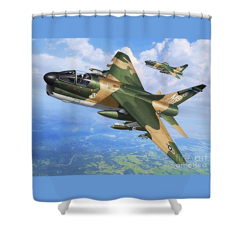 A-7 Shower Curtain featuring the digital art A-7D Corsair II by Stu Shepherd
