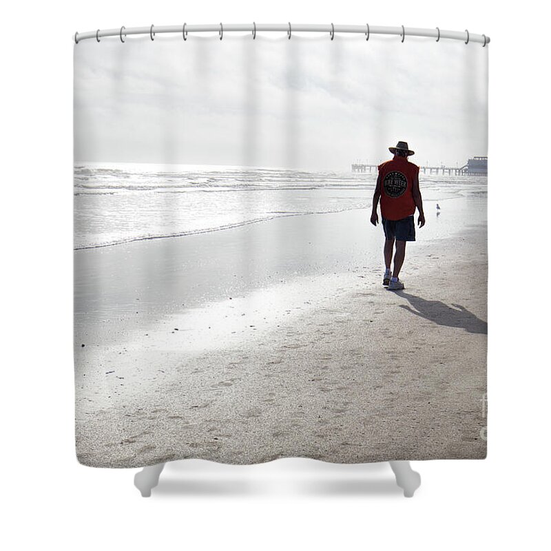 A Beach Walker And His Shadow Shower Curtain featuring the photograph A Beach Walker And His Shadow by Felix Lai