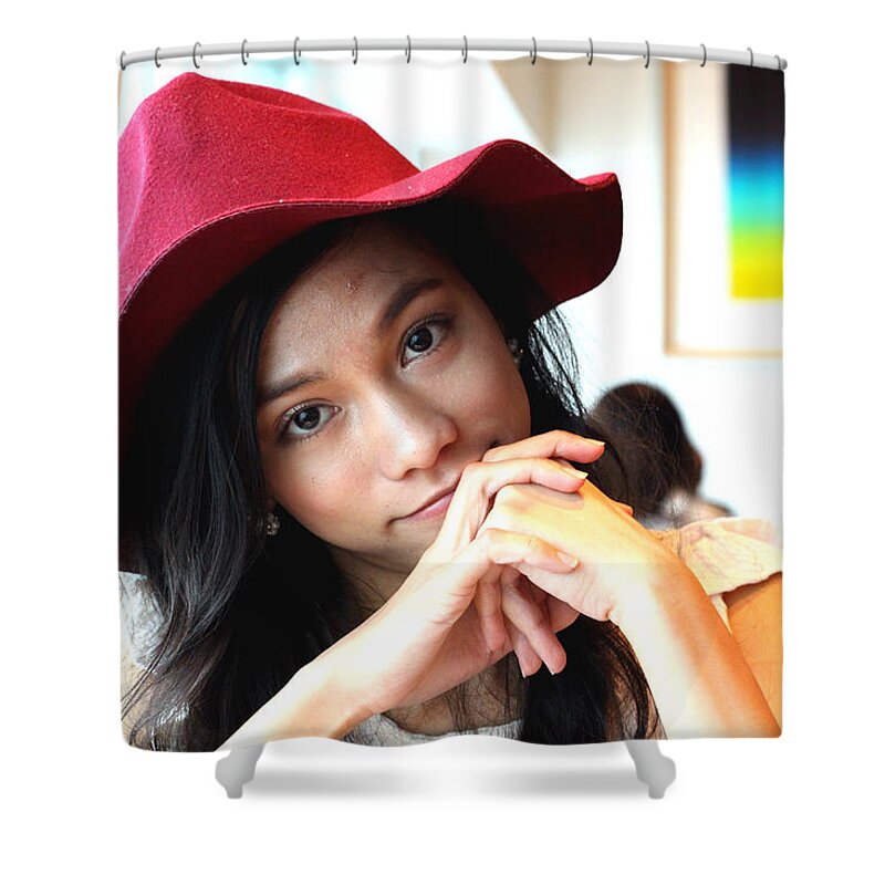 Beautiful Shower Curtain featuring the photograph A beautiful Asian girl is staring at you by Hon-yax Multiply LLC