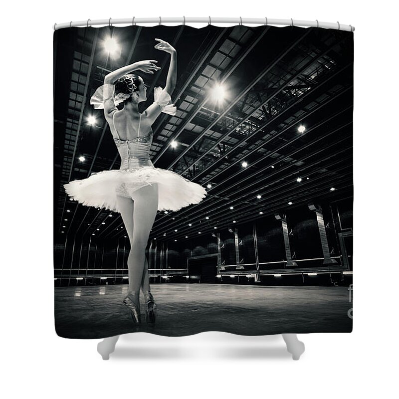 Ballet Shower Curtain featuring the photograph A beautiful ballerina dancing in studio by Dimitar Hristov