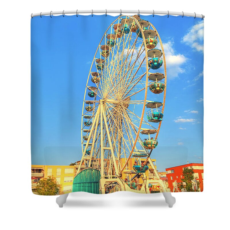 Action Shower Curtain featuring the photograph A Big Ferris Wheel On A Carnival by Gina Koch