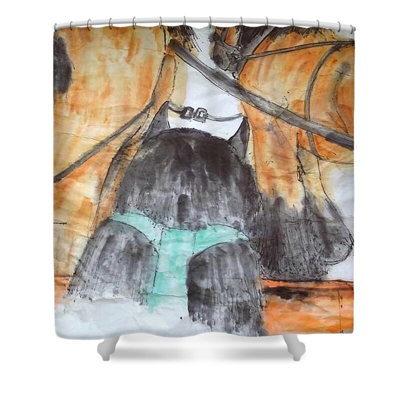 The Netherlands. Equine. Dog. Wagon. Shower Curtain featuring the painting a big look at Netherlands. by Debbi Saccomanno Chan