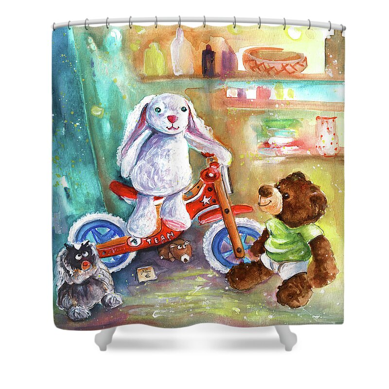 Truffle Mcfurry Shower Curtain featuring the painting A Bike For Cousin Marlon Blanco by Miki De Goodaboom