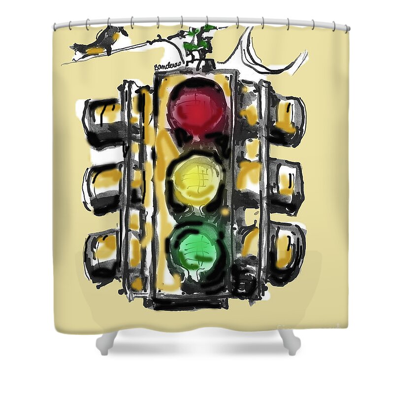 Traffic Shower Curtain featuring the painting A Bird And Traffic Light by Terry Banderas