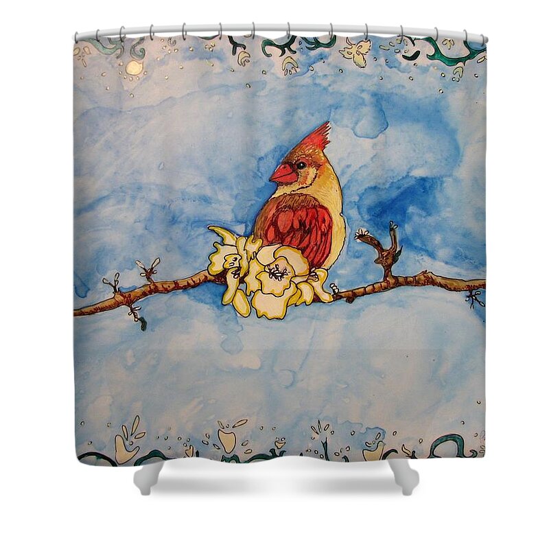 Cardinal Shower Curtain featuring the painting A Birds Delight by Patricia Arroyo