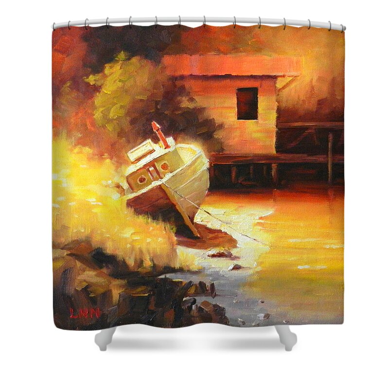 Landscape Shower Curtain featuring the painting A Boat in a Sunny Day by Ningning Li